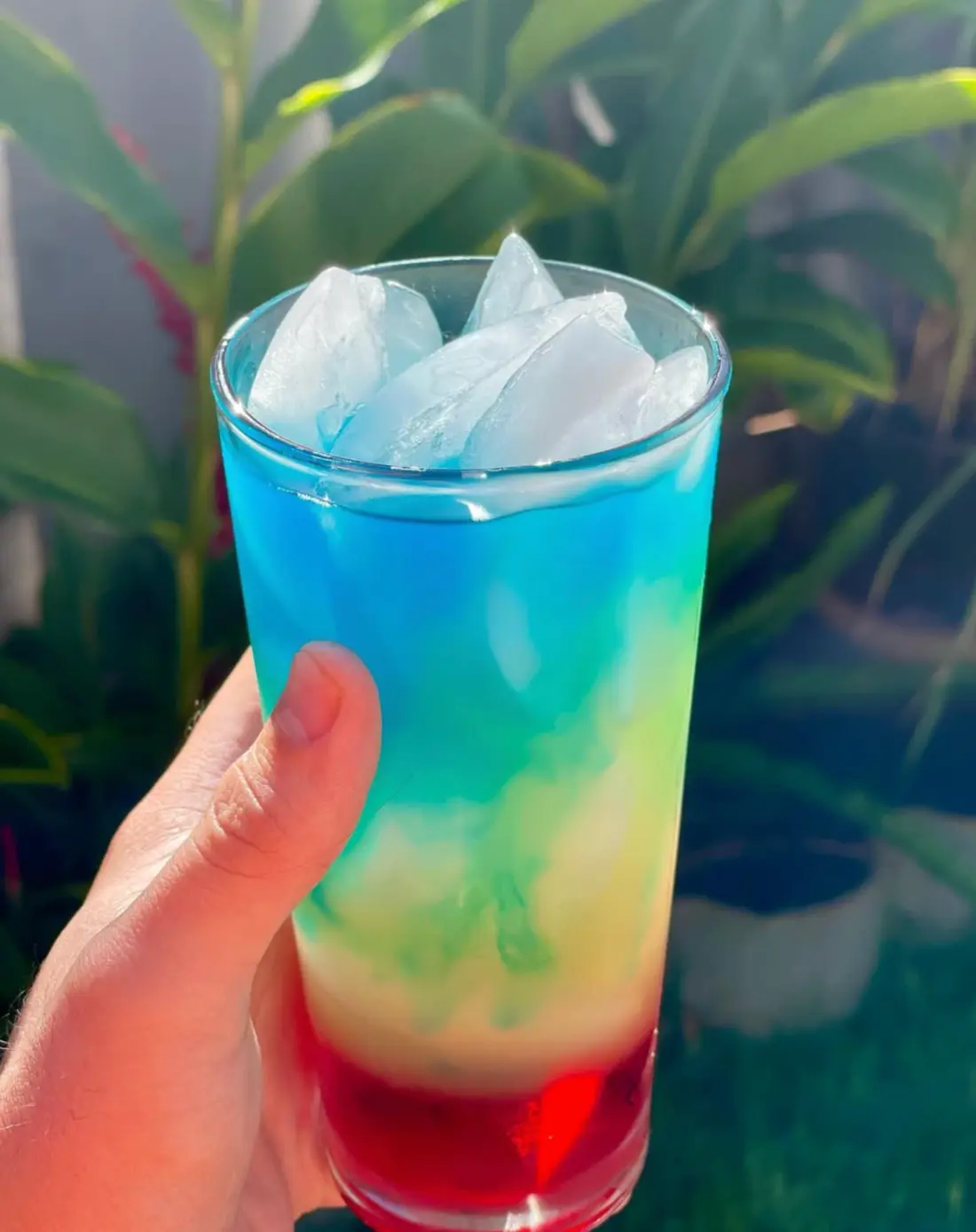 Colorful layered cocktail held outdoors against tropical greenery
